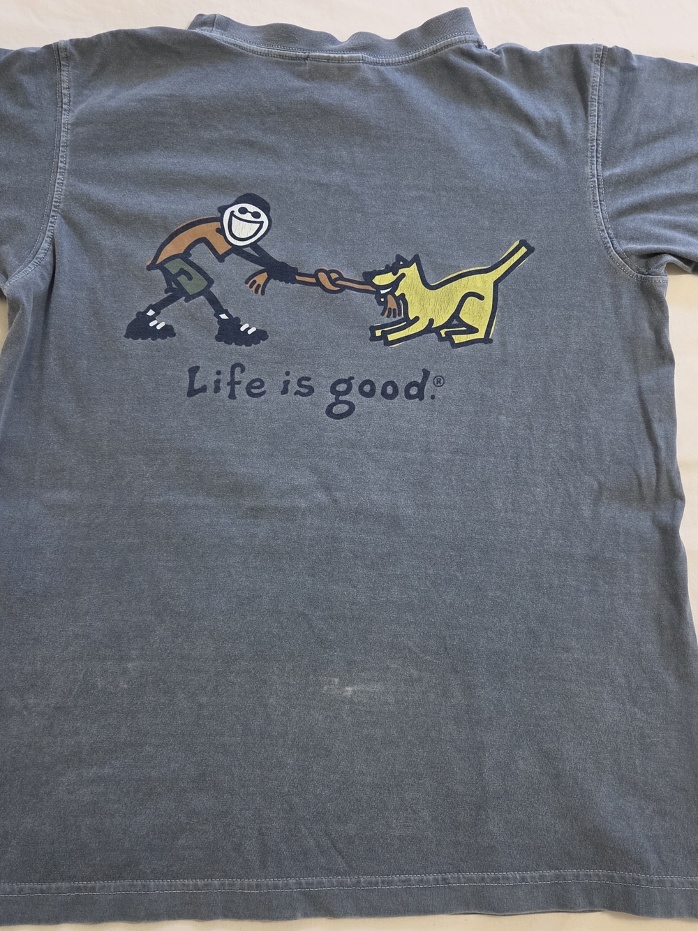 Life Is Good Blue Tee with Yellow Dog Tug Graphic Youth Large